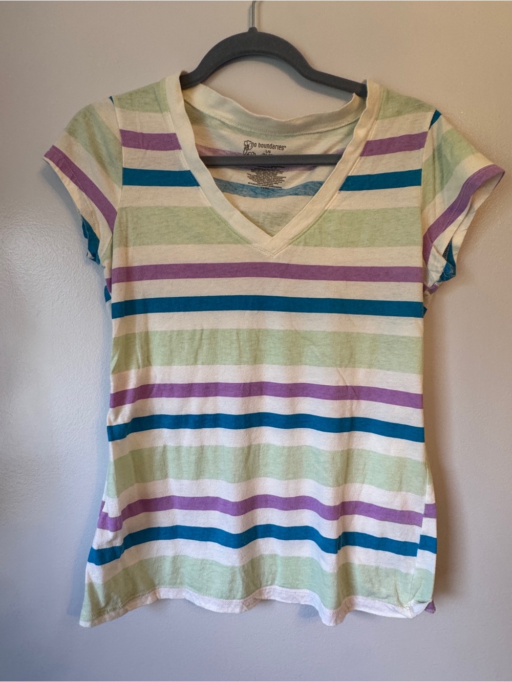 No Boundaries- Striped V-Neck Tee in Mint, Purple & Teal